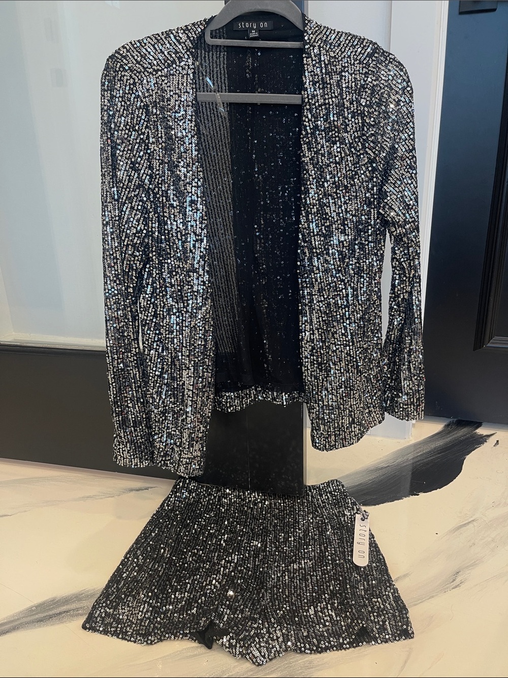 NWT Women's Black Sequin Open-Front Jacket/Short Set